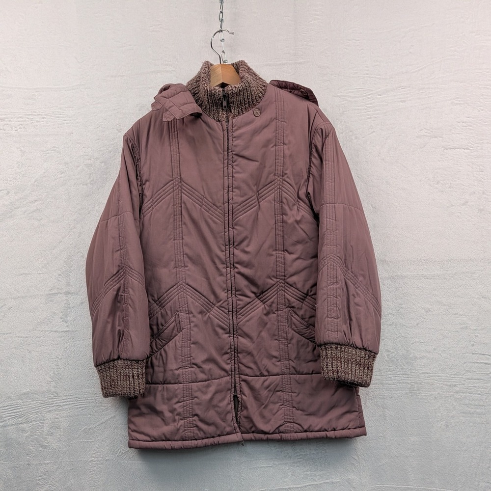 VTG Portrait Puffer Parka Jacket Women's M Mauve Quilted Knit Trim Retro 80s